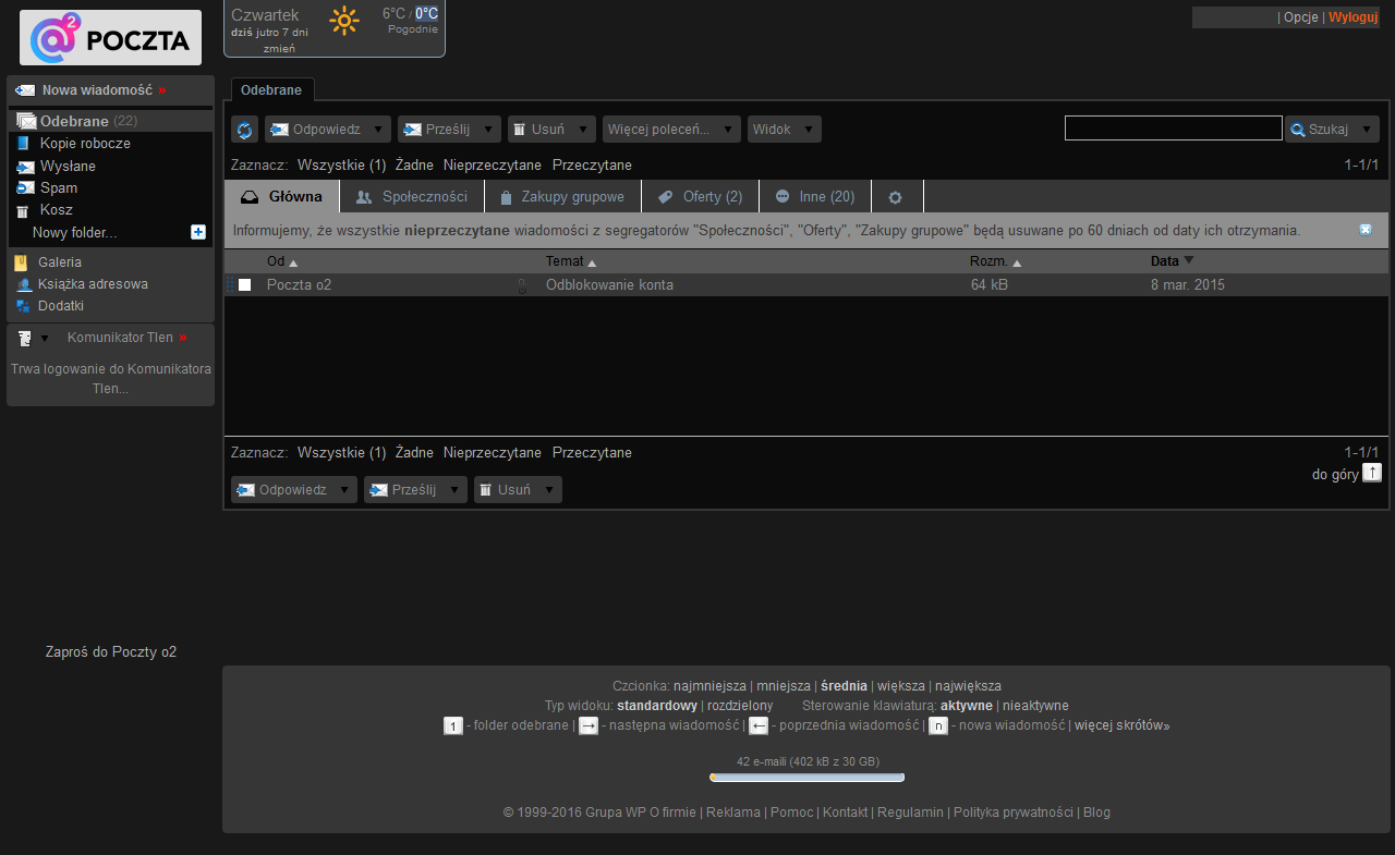 Poczta o2.pl - tryb nocny (starszy wygląd)