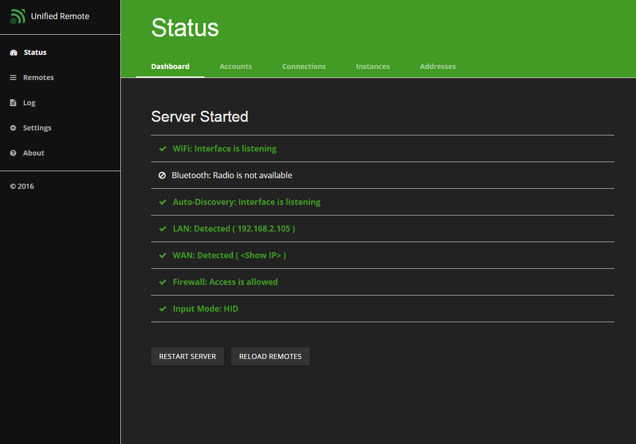 unified remote server - localhost - black