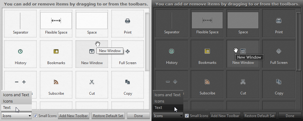 Palemoon Customize Toolbar reskin light