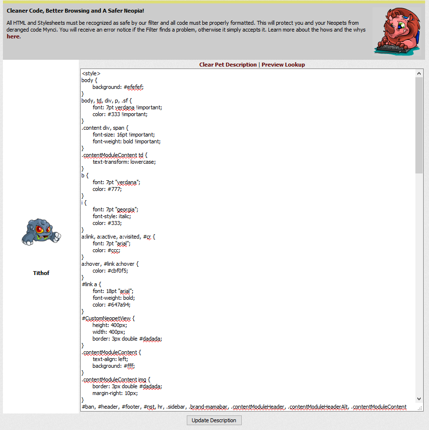 Neopets Pet Lookup Editing - Larger Text Area