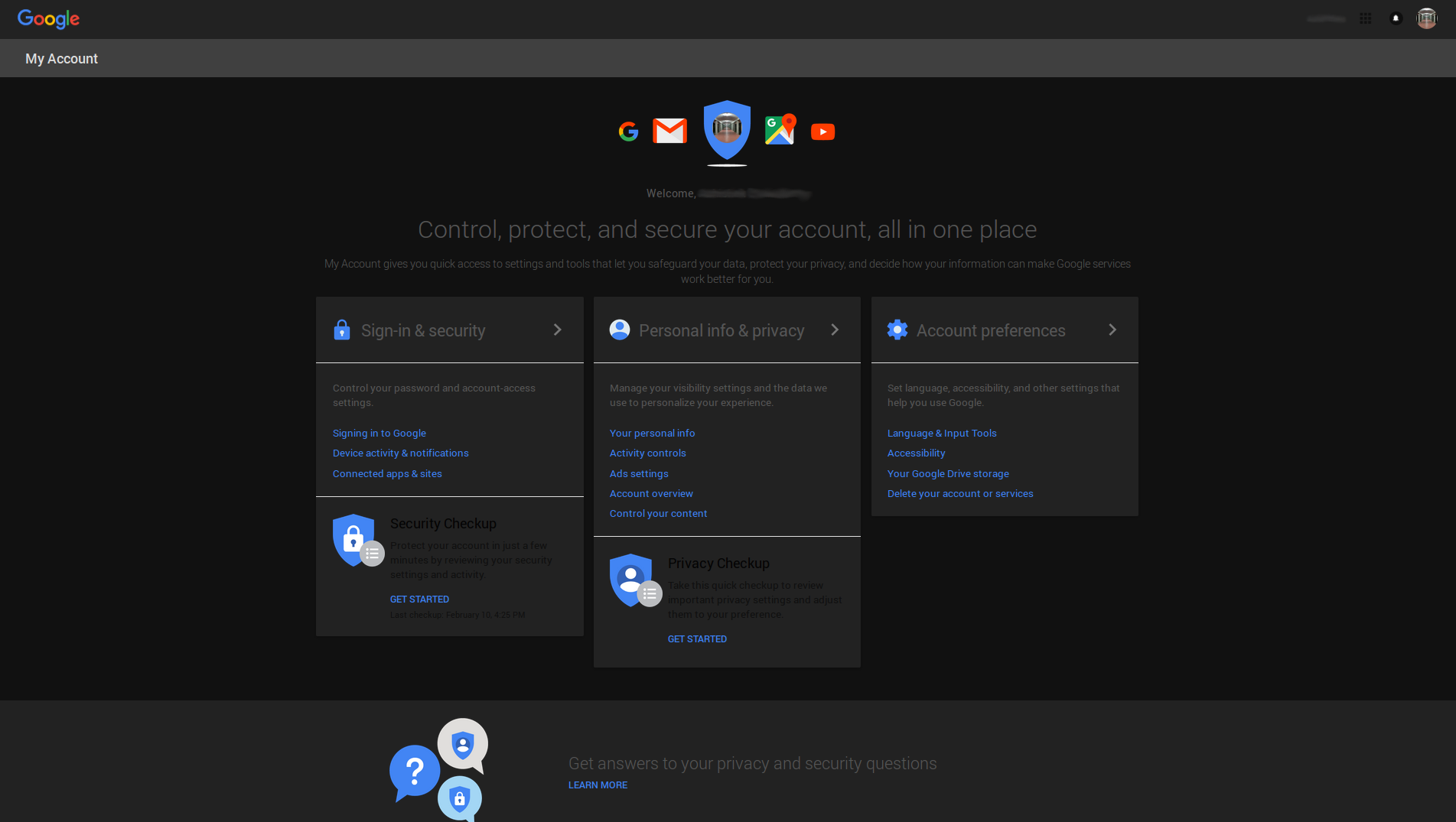 Google MyAccount Dark