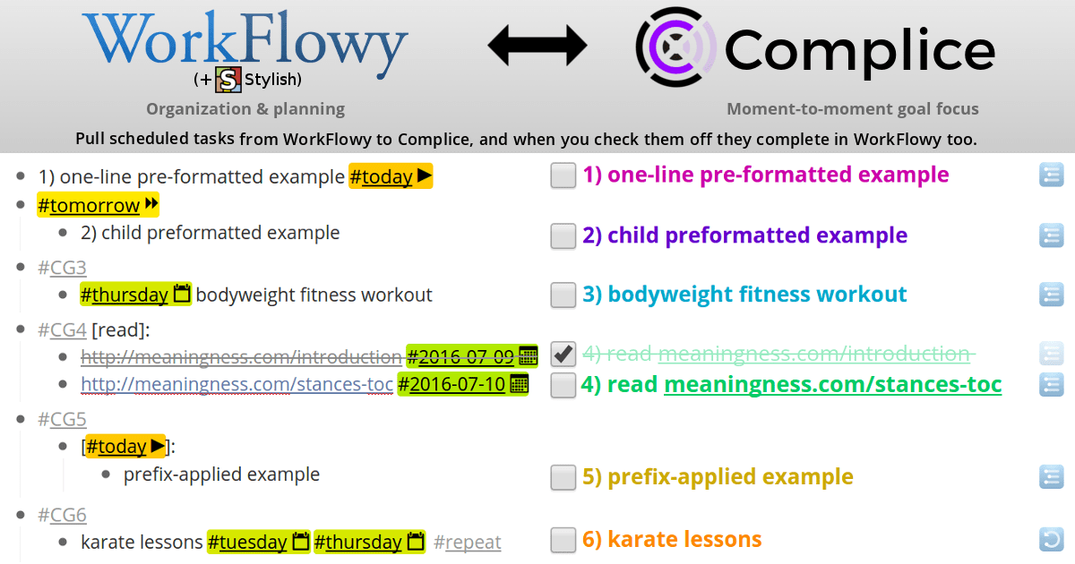 Workflowy Date tags (for use with Complice)