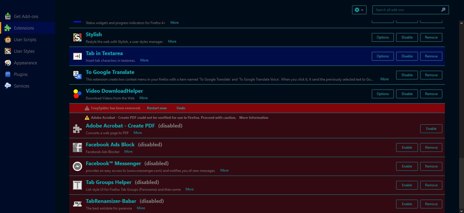 about:addons Dark Blue