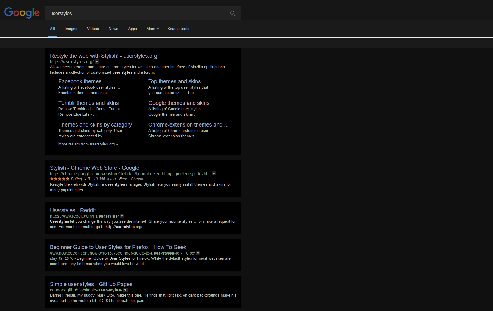 Google Search Cards Dark