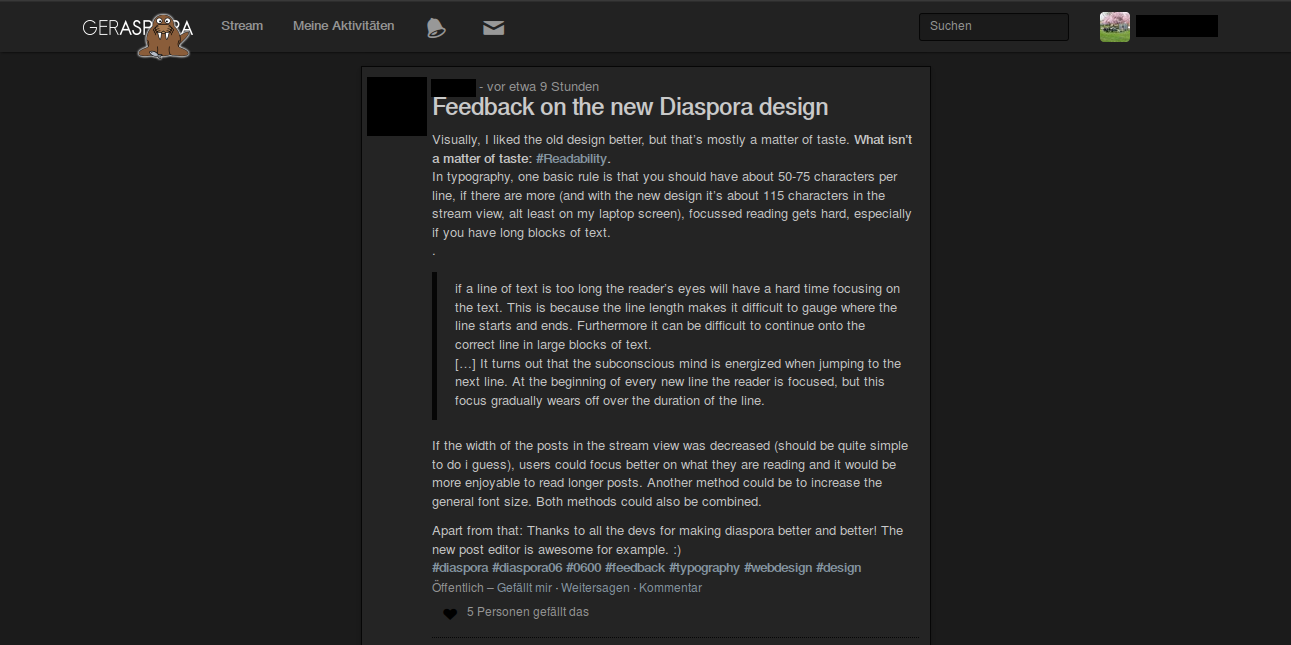 Diaspora 0.6 Content Tweak