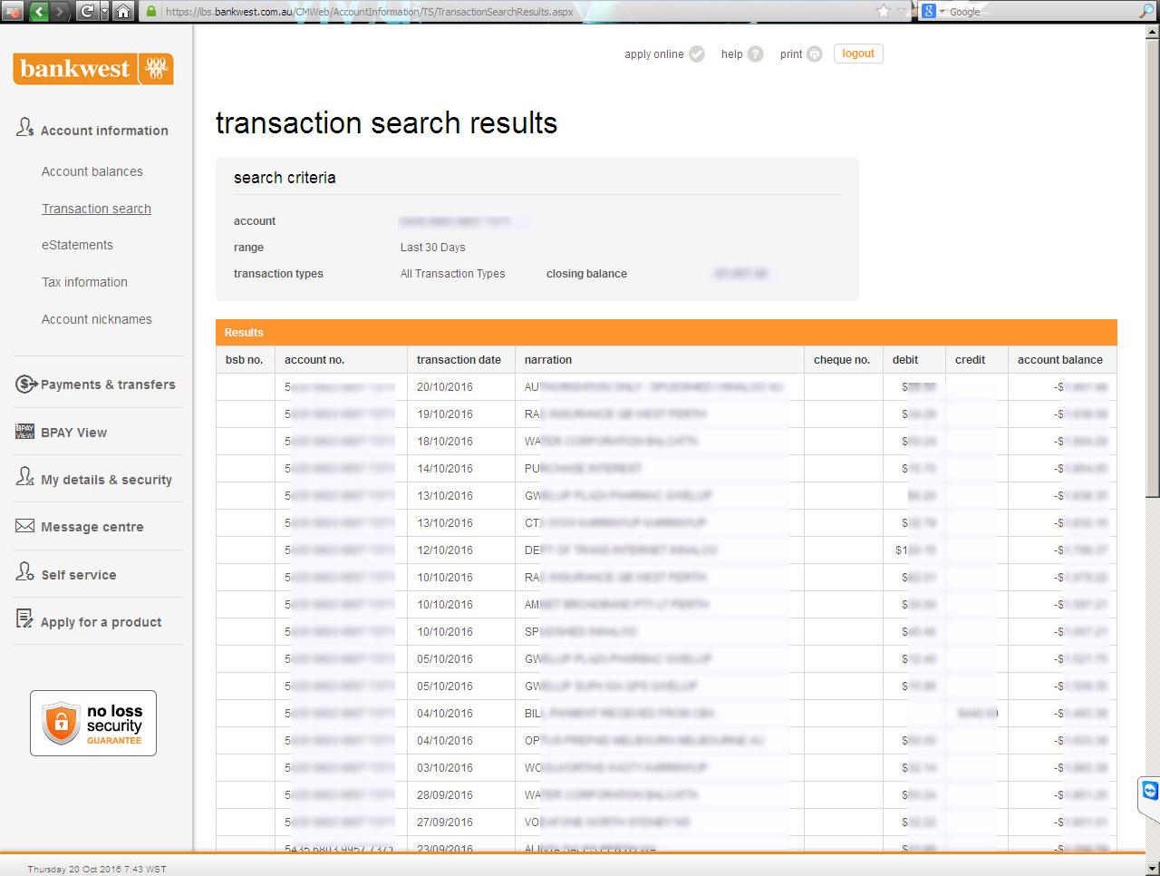 Bankwest tran search report wide view