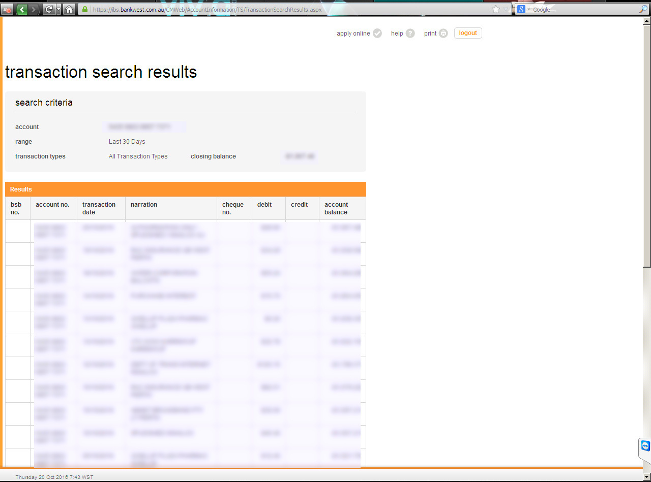 Bankwest tran search report hover menu