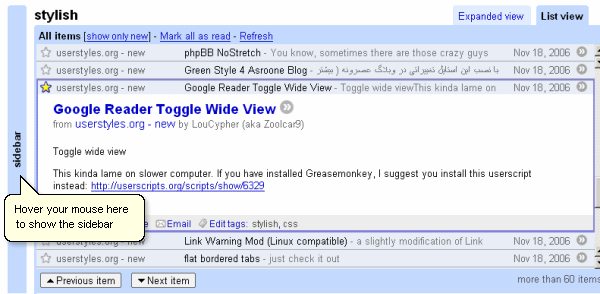 Google Reader Toggle Wide View