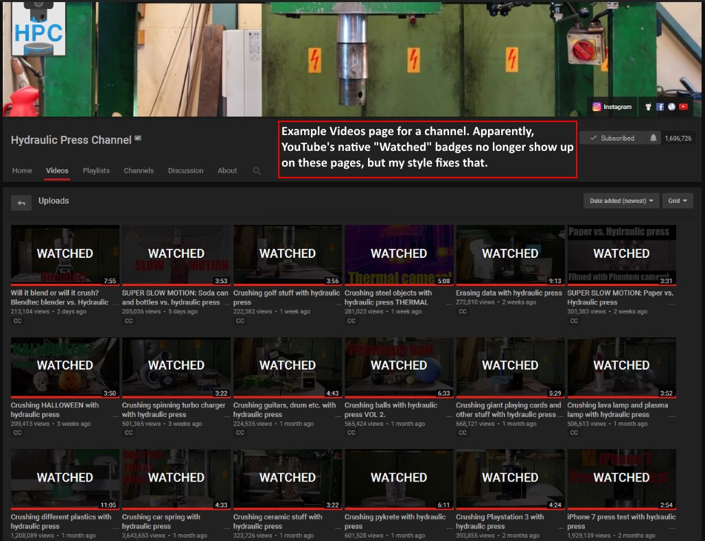 Fix YouTube Watched Badges & Red Bars -- Dark Mod