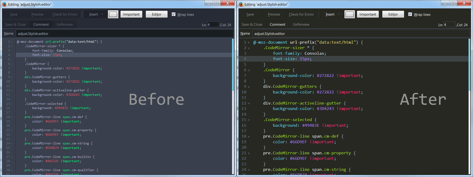 Stylish Editor, Scratchpad, Debugger's Theme