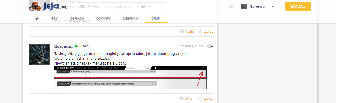 Jeja.pl - pływające górne menu