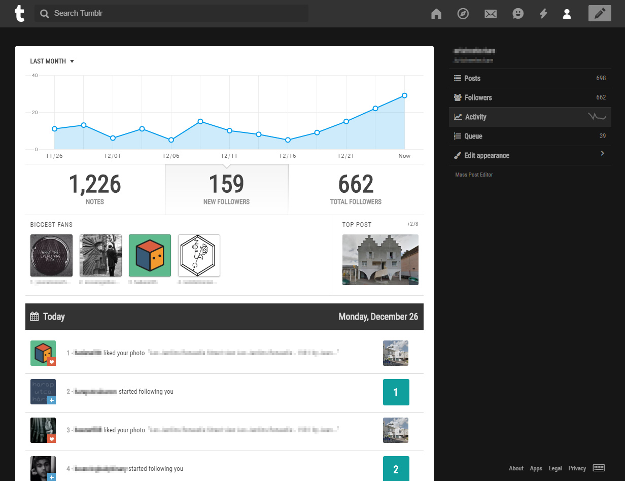 Tumblr, Dark, wide, daily activity counters, icons