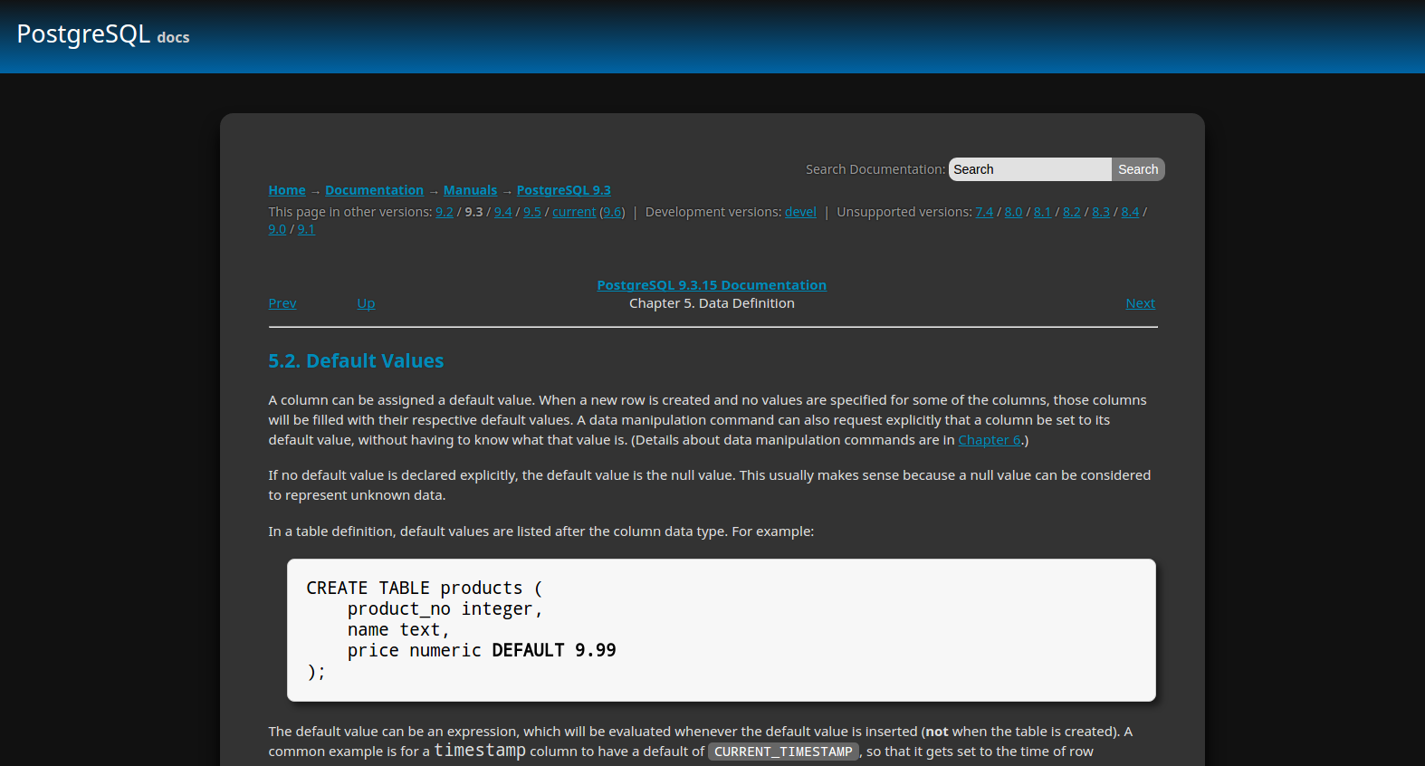 PostgreSQL docs dark