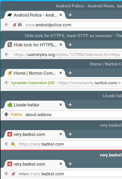 Hide lock for HTTPS, mark HTTP insecure (FX 52+)