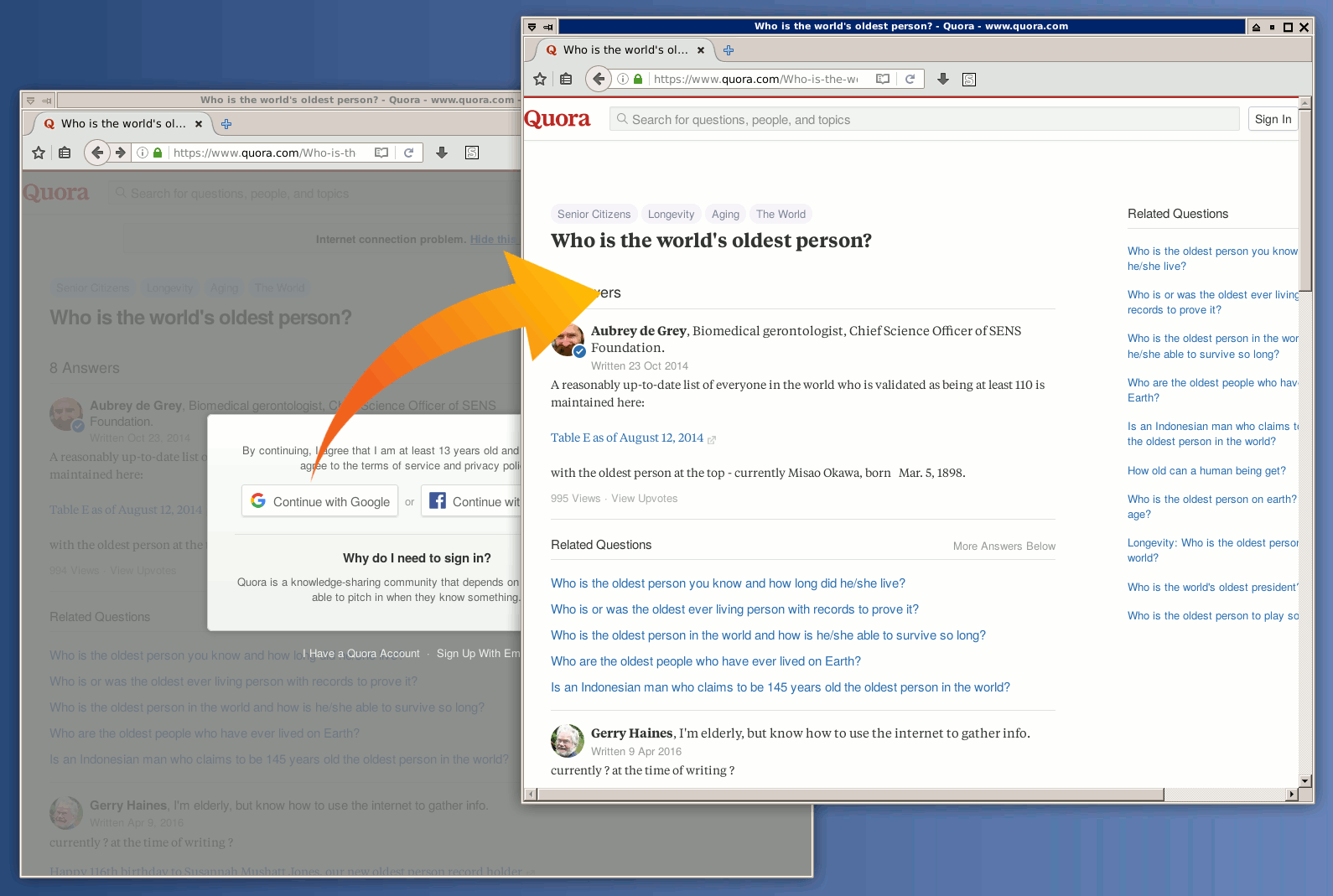 Quora - Remove signup nag and allow scrolling