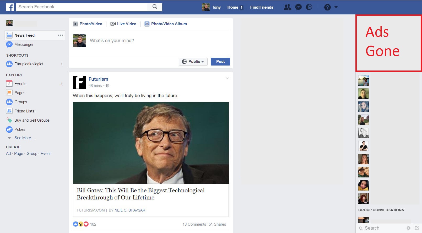 Remove ads in activity sidebar - Facebook