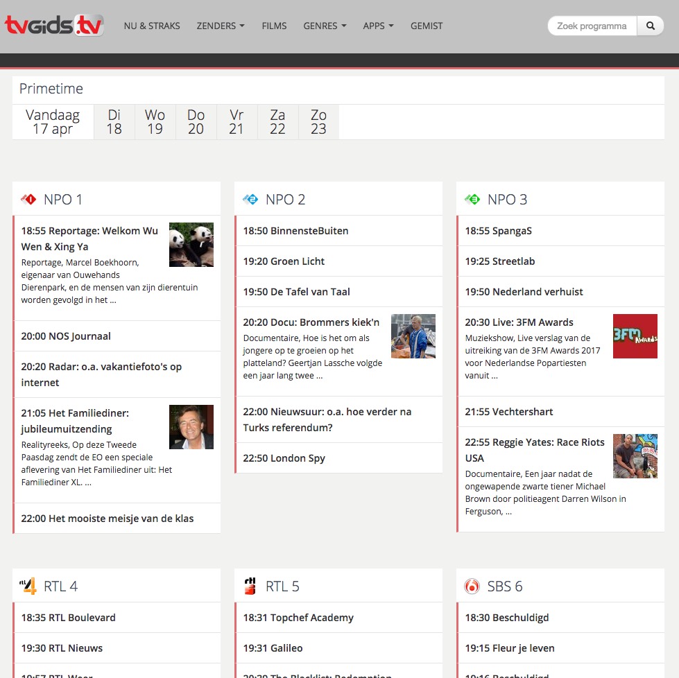 TVgids.tv Primetime 3 koloms layout