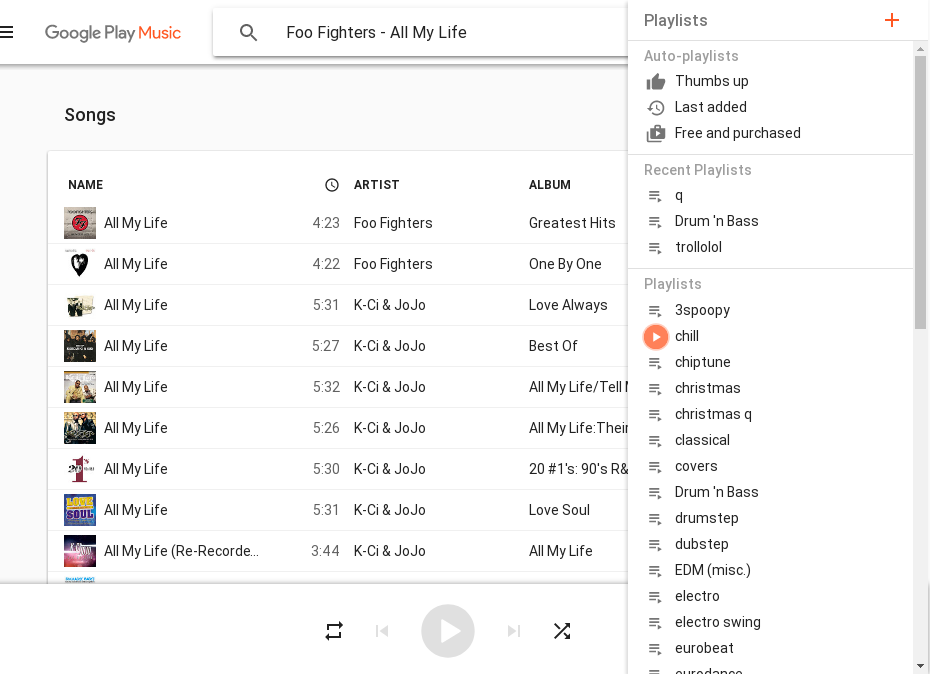 Google Play Music compact playlist sidebar