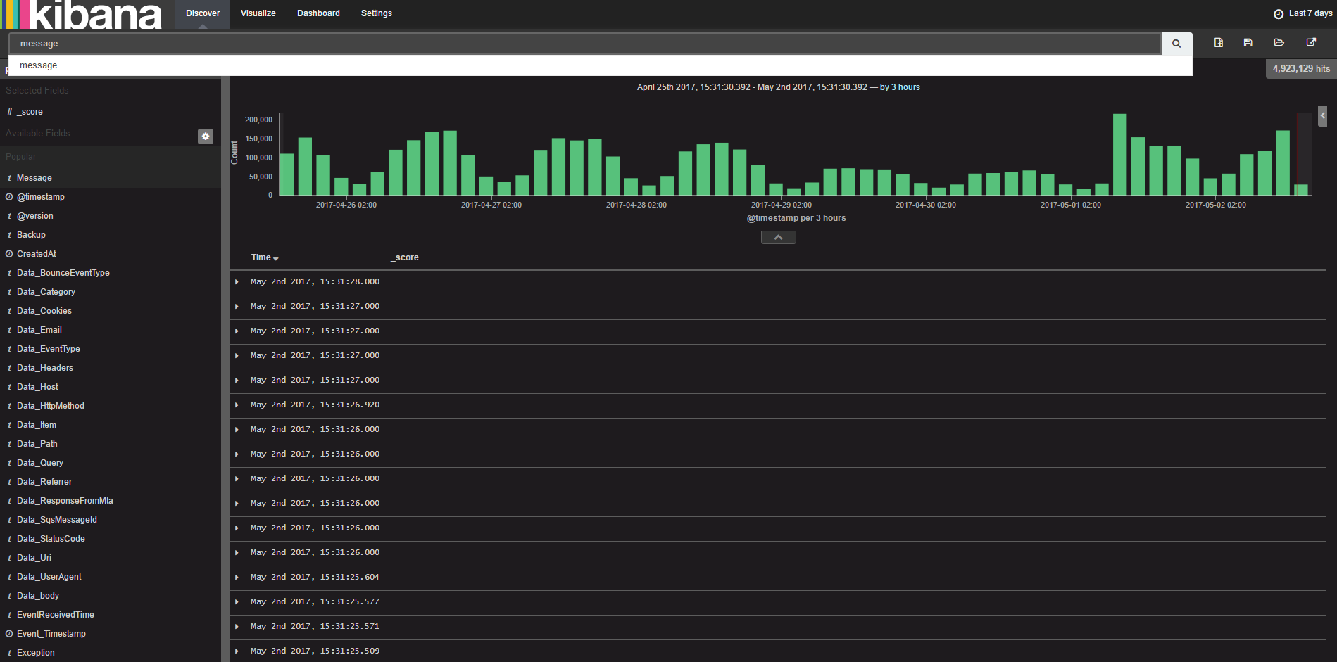 Kibana dark discover page