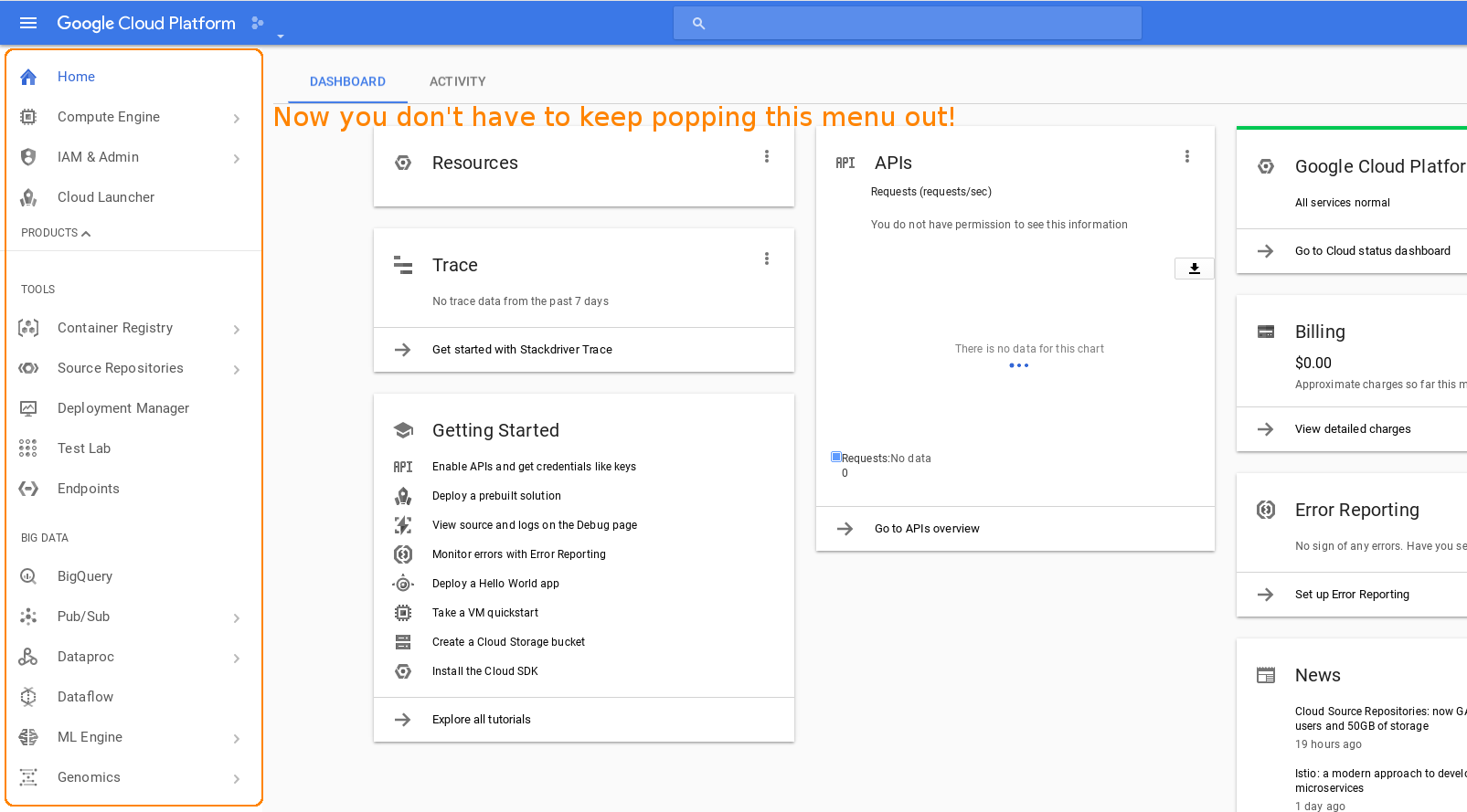 Google Cloud Platform (GCP) Console navigation fix