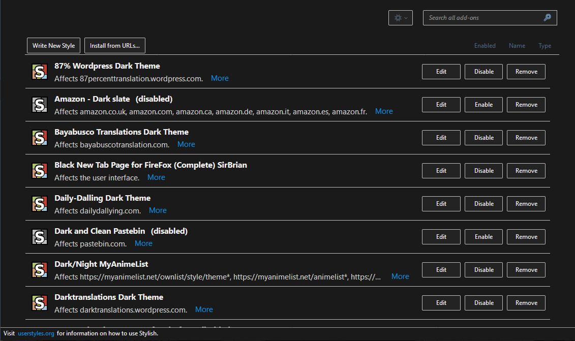Firefox Manage Addons (about:addons) Dark Theme