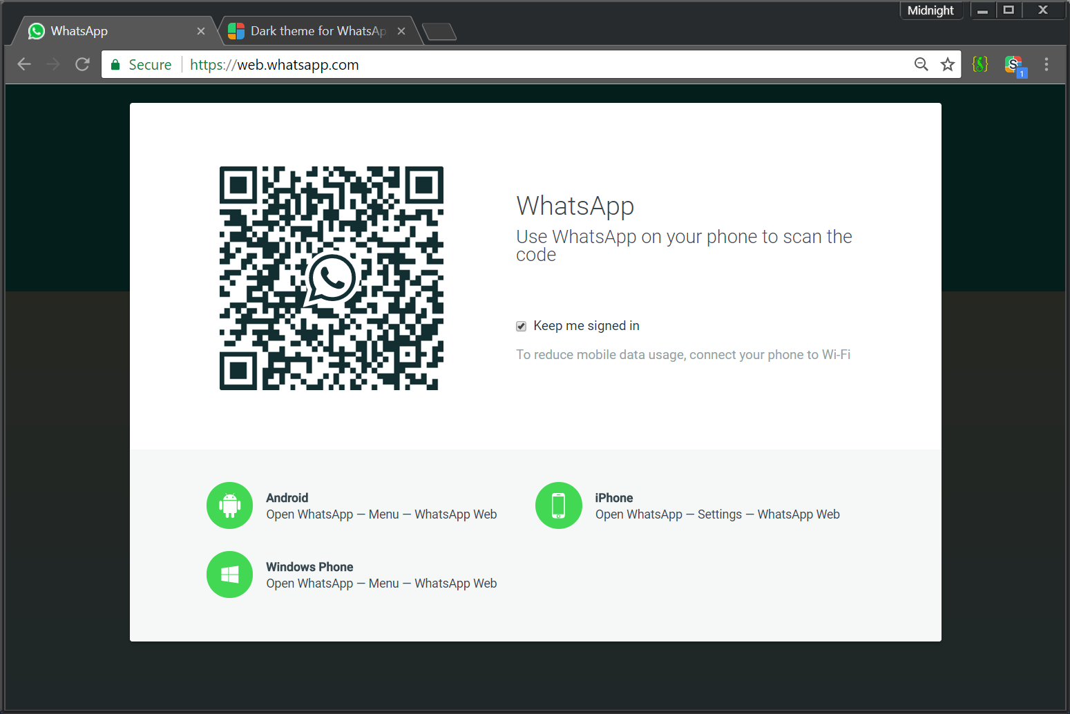 Dark theme for WhatsApp with Midnight Lizard