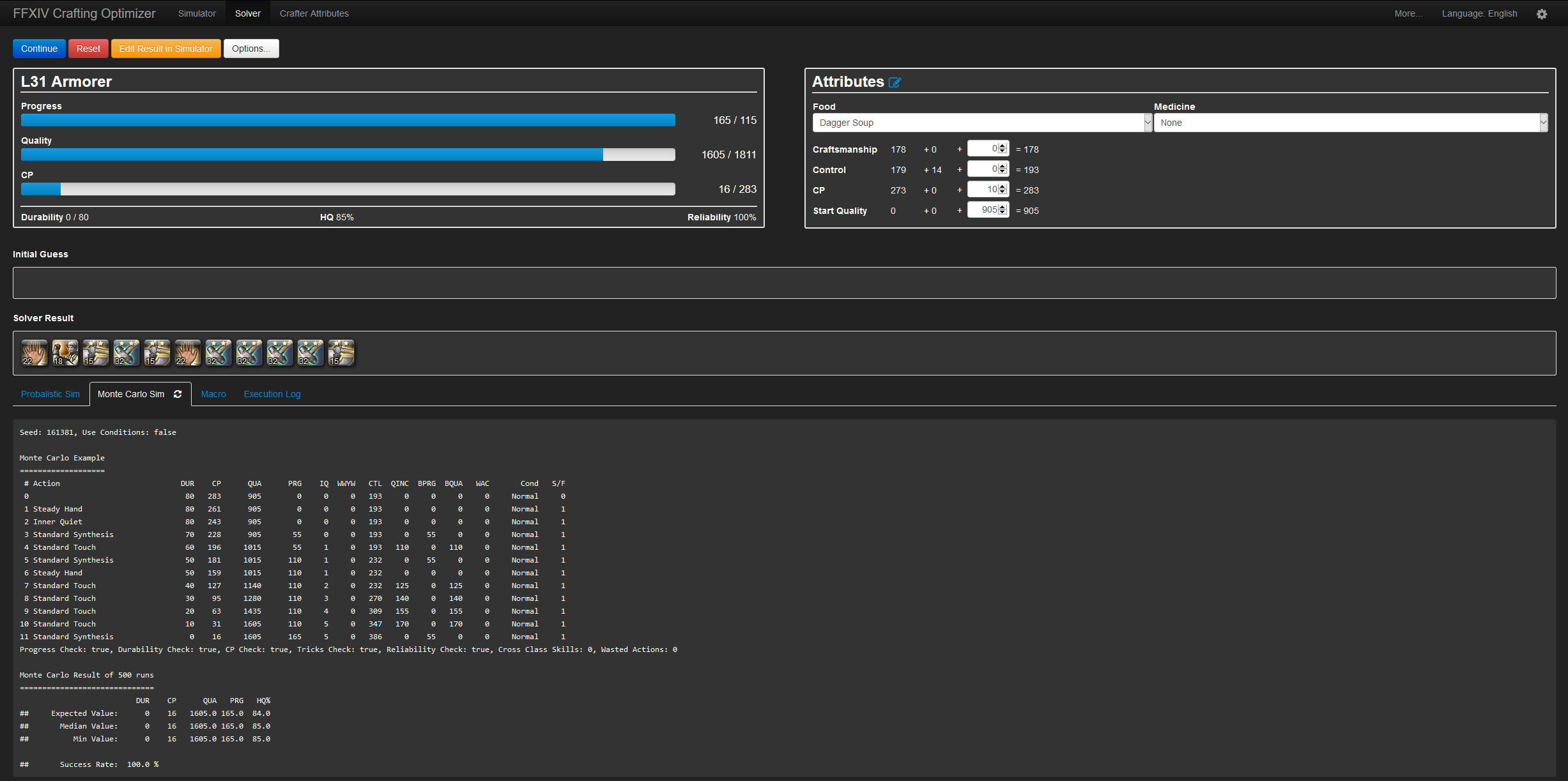 FFXIV Crafting Optimizer (lokyst/ermad) Dark Theme
