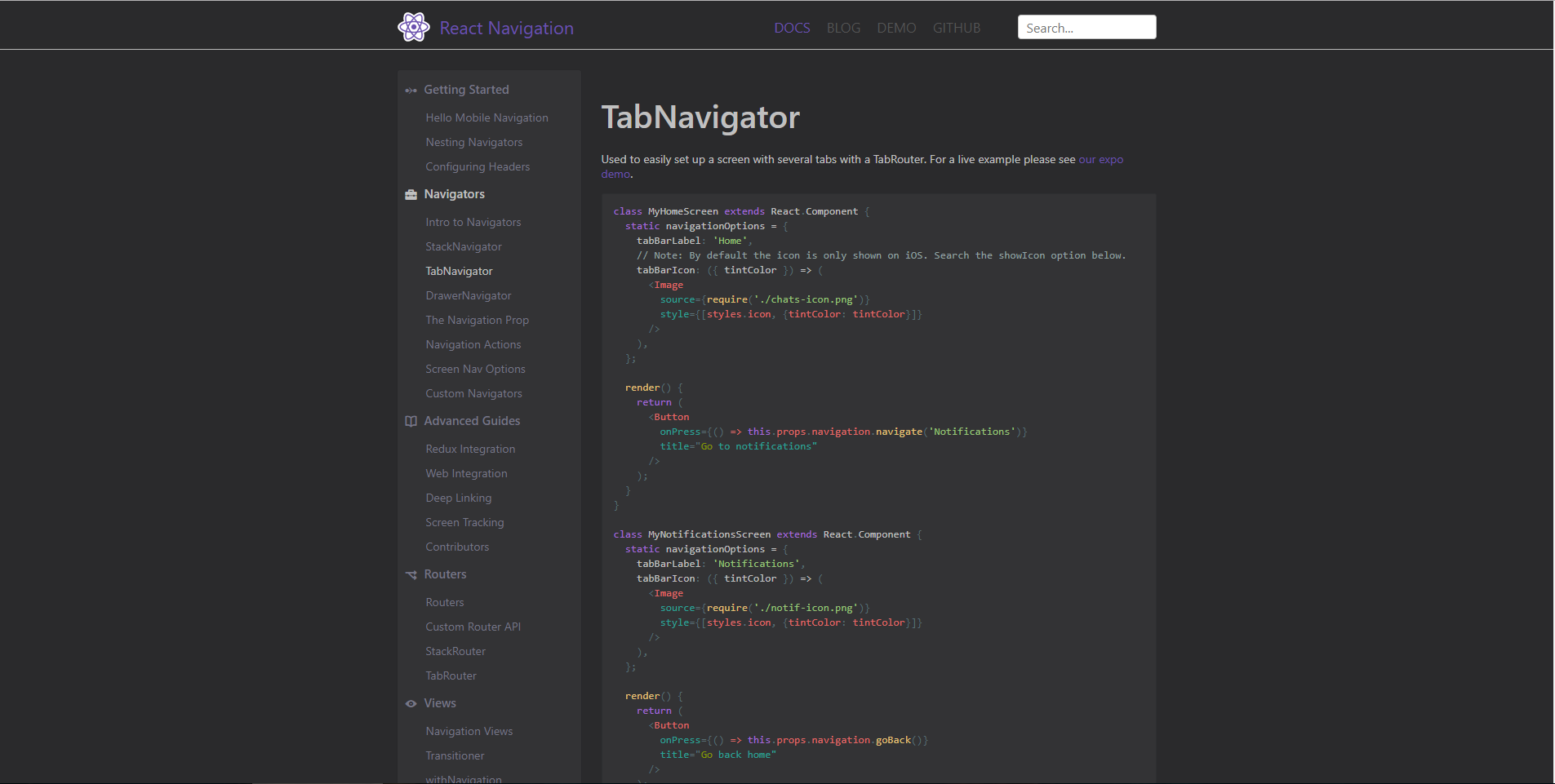 React Navigation Docs Dark