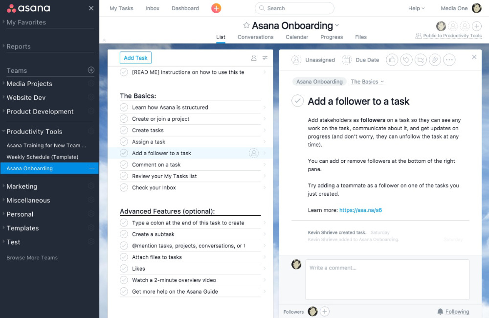 Asana with fewer sidebar elements