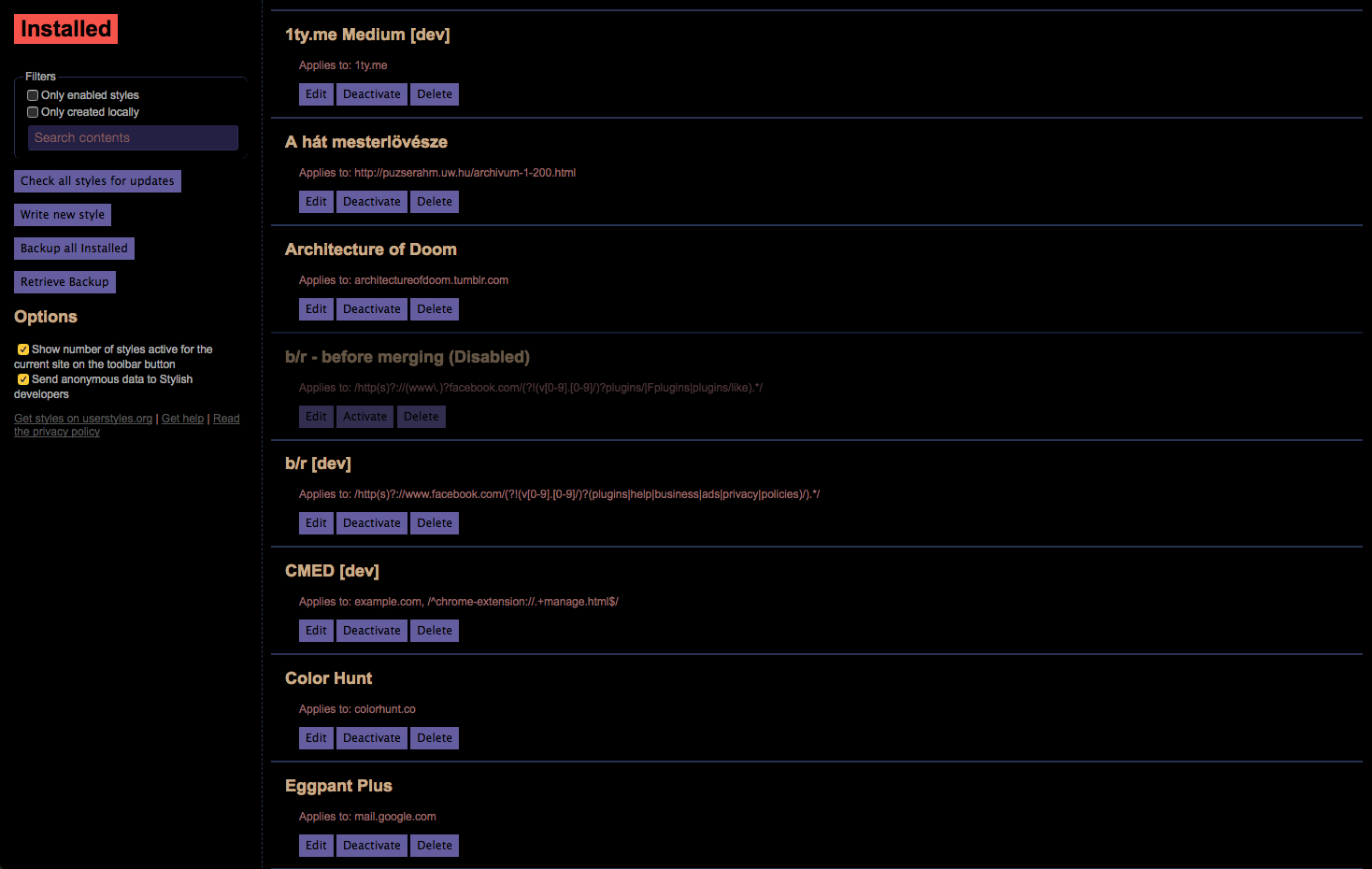 Stylish: Manage all styles - Dark