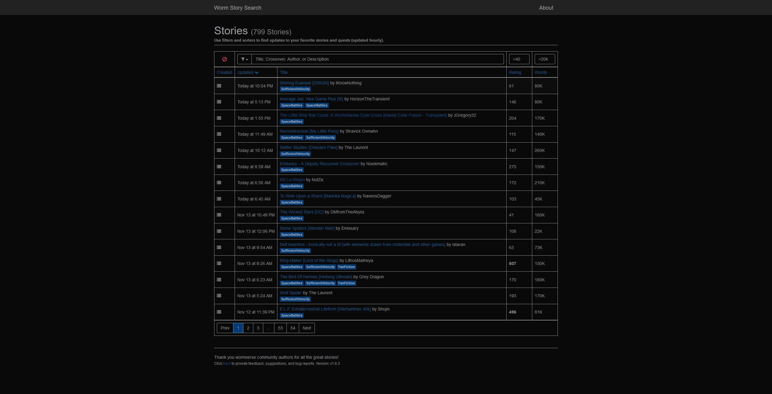 Worm Story Search - Dark Theme
