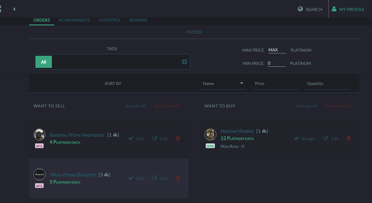 Dark Theme for Warframe Marketplace 2.0