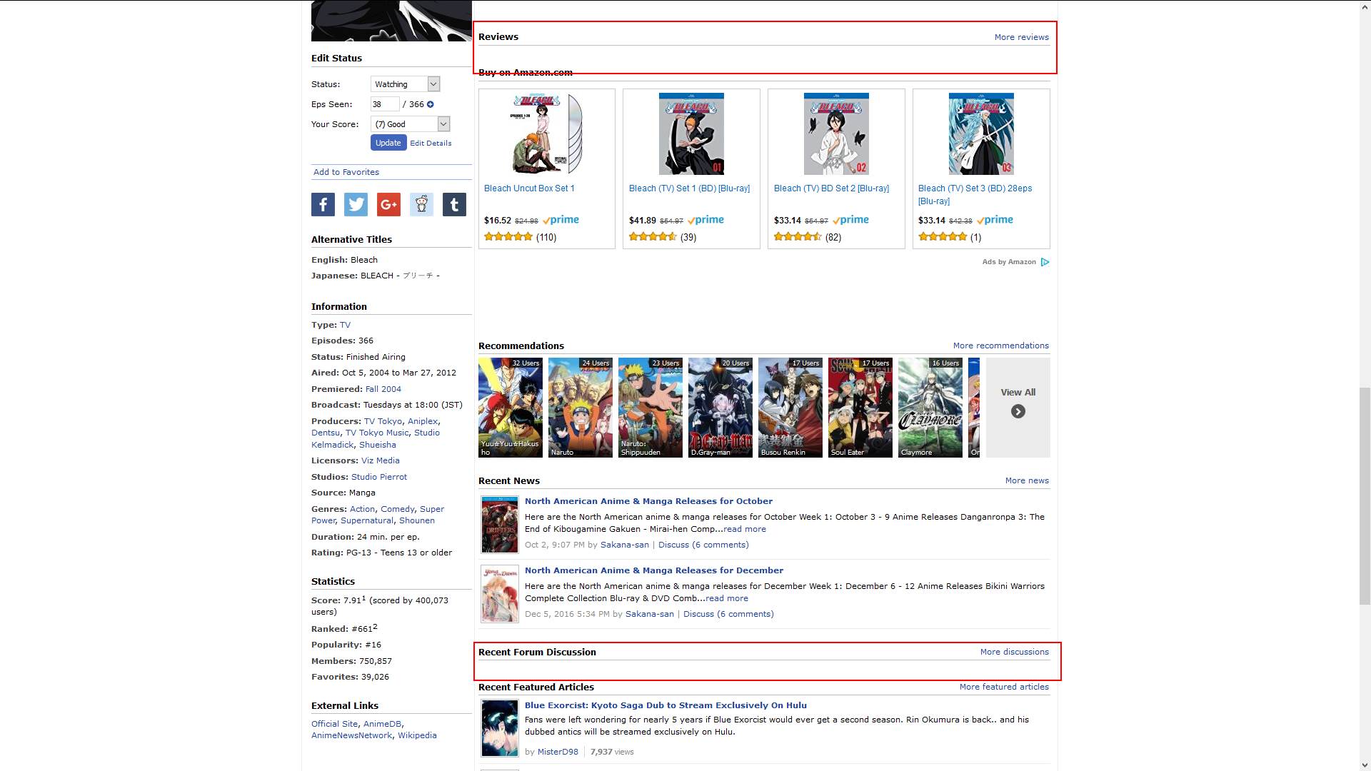 MyAnimeList Hide Review and Forum Section
