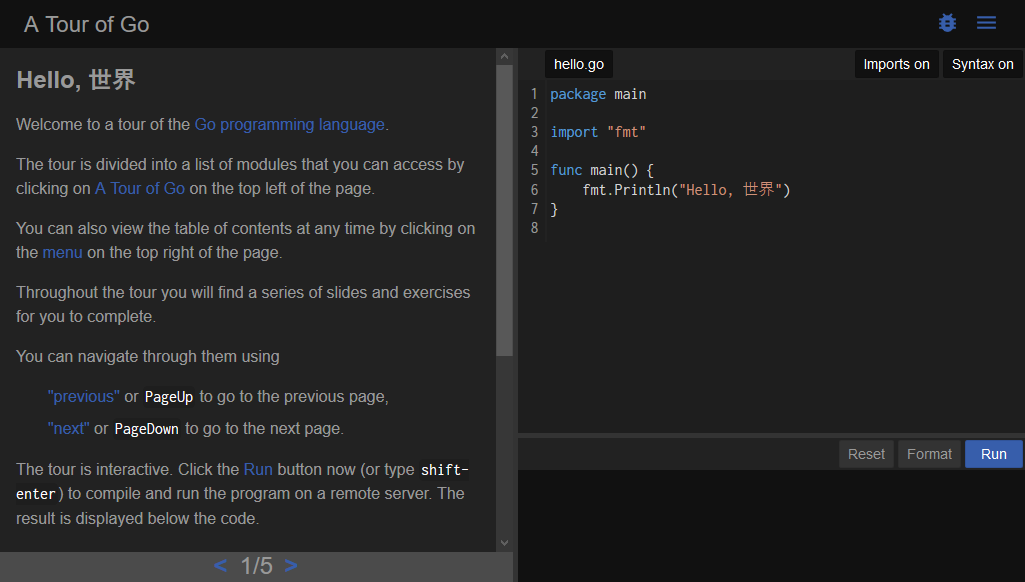 tour.golang.org - A Tour of Go - Dark Theme