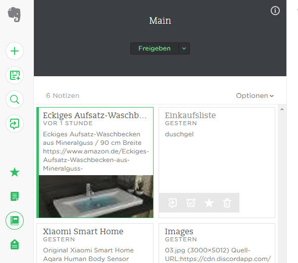 Evernote notes list as cards