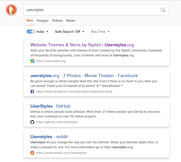 DuckDuckGo Material Card Results