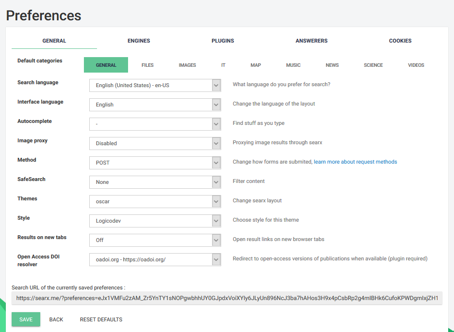 Searx Material Preferences