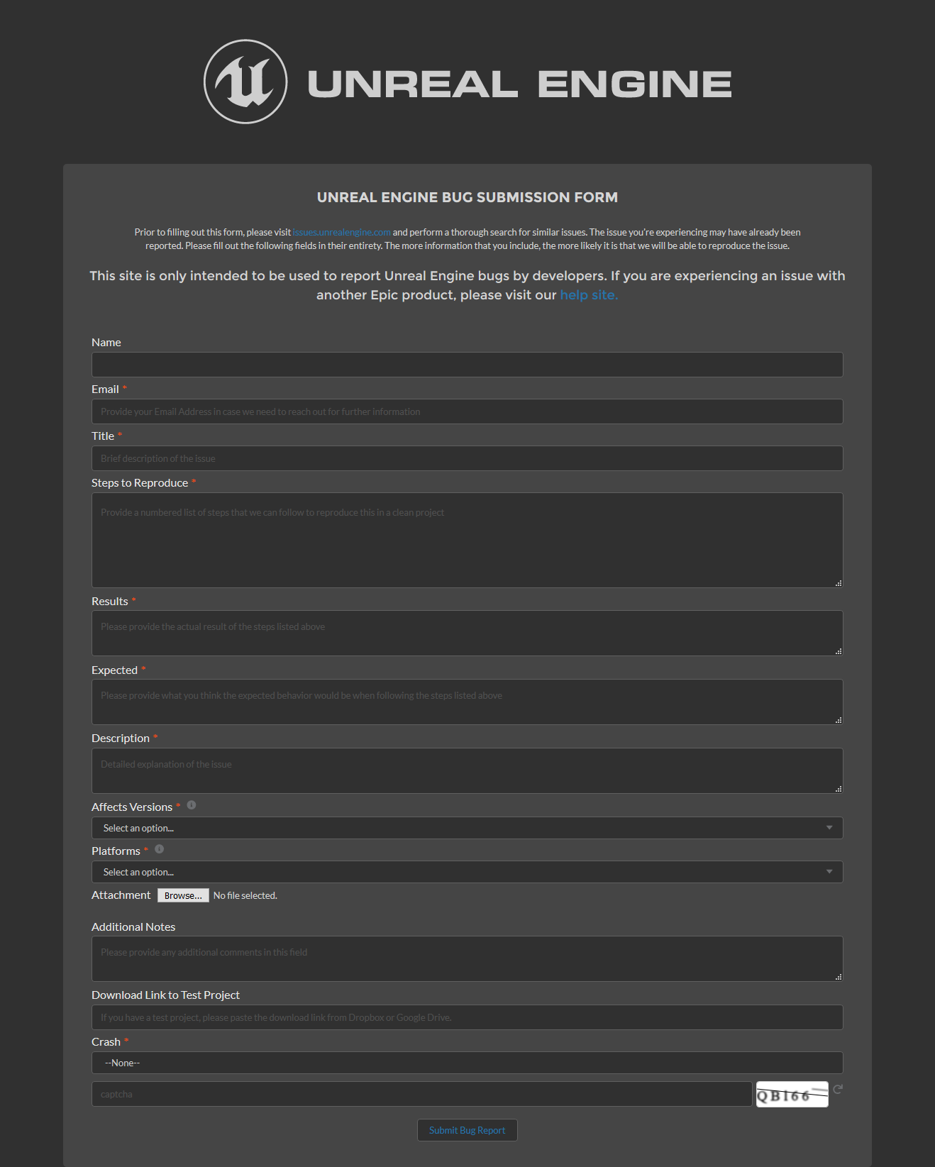 UnrealEngine bug report Form Dark Theme