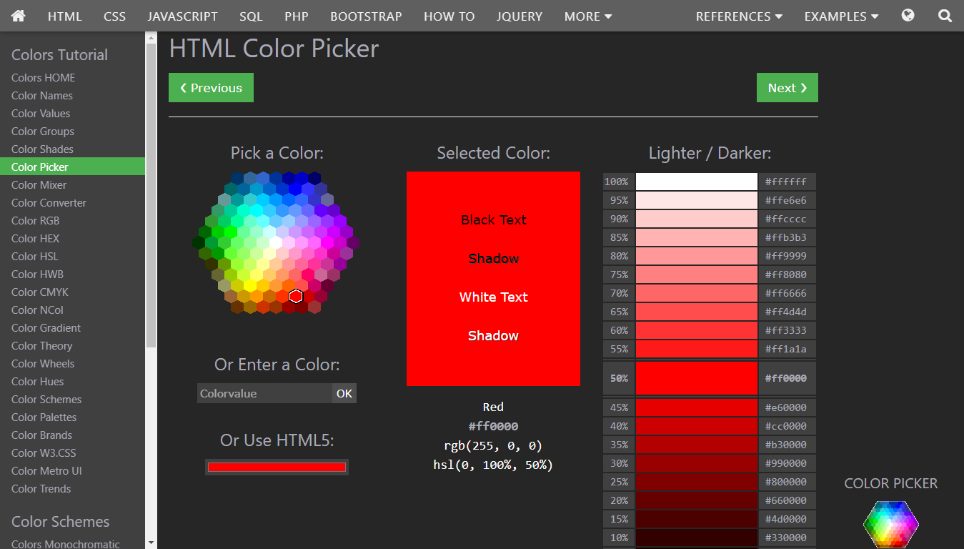 Dark color picker W3Schools