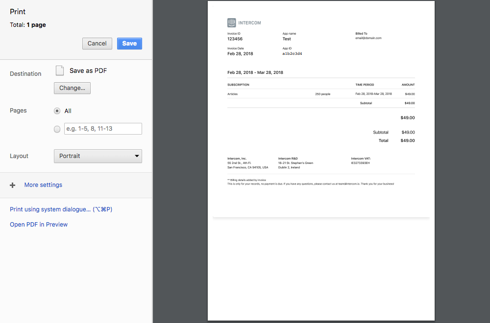 Intercom - Fix Printing Invoices