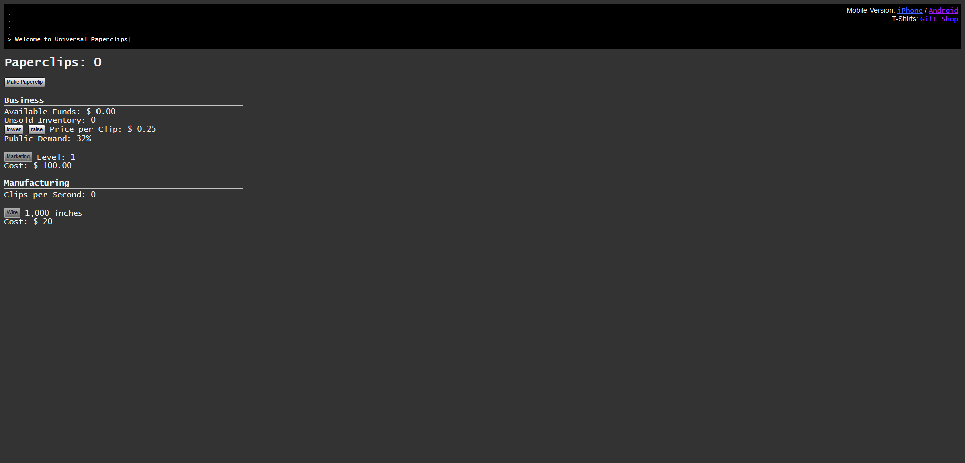 Universal Paperclips Dark, monospaced