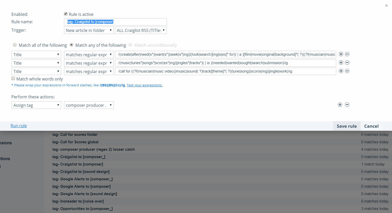 Inoreader - Wider Rules popup