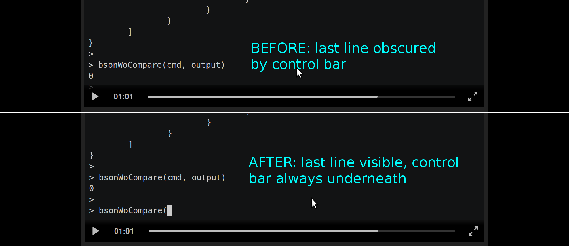 Asciinema control bar below terminal