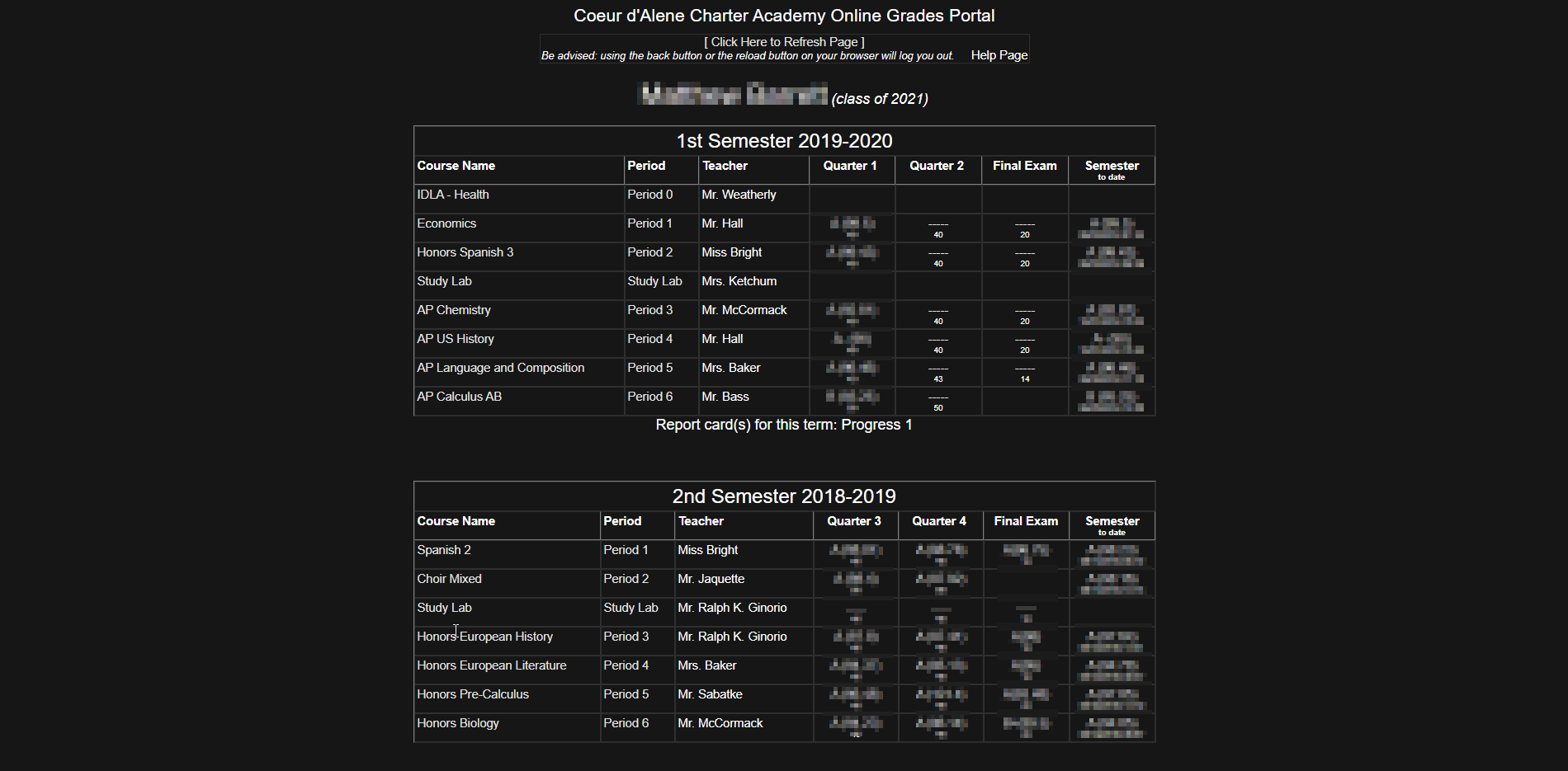 Dark CDA Charter Academy Grade Portal