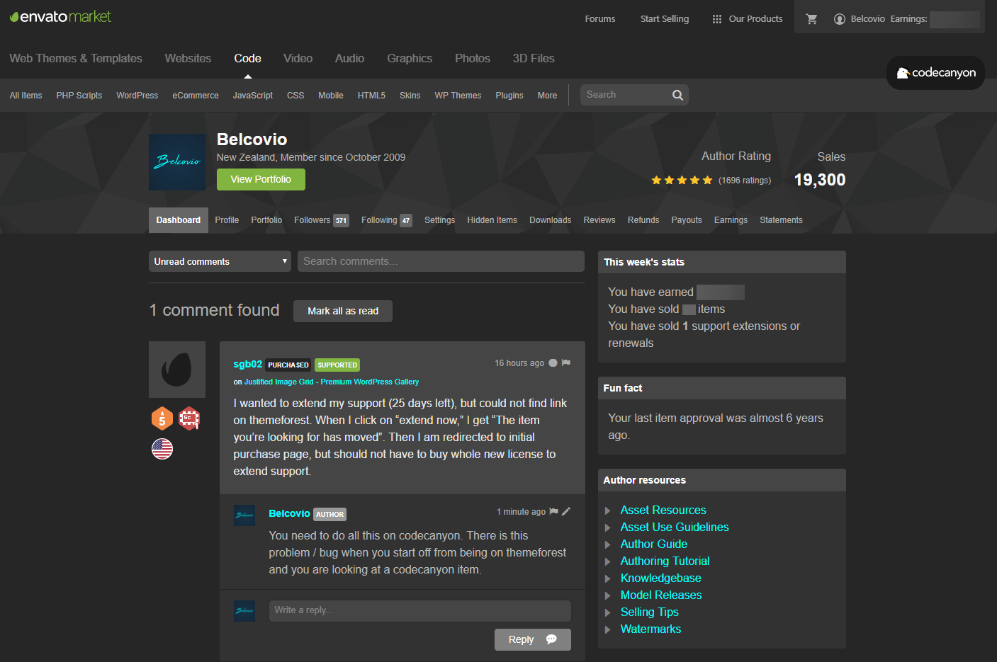 Dark CodeCanyon author dashboard