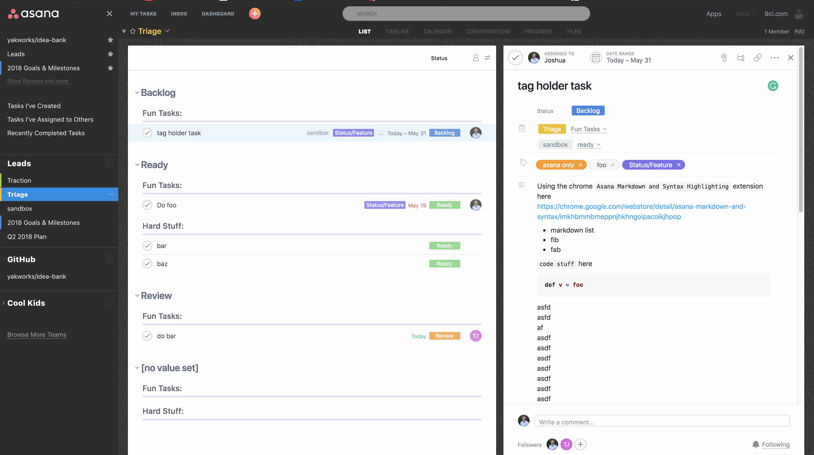 Asana Dark, Reduce Noise, Tasks Projects Menu Move