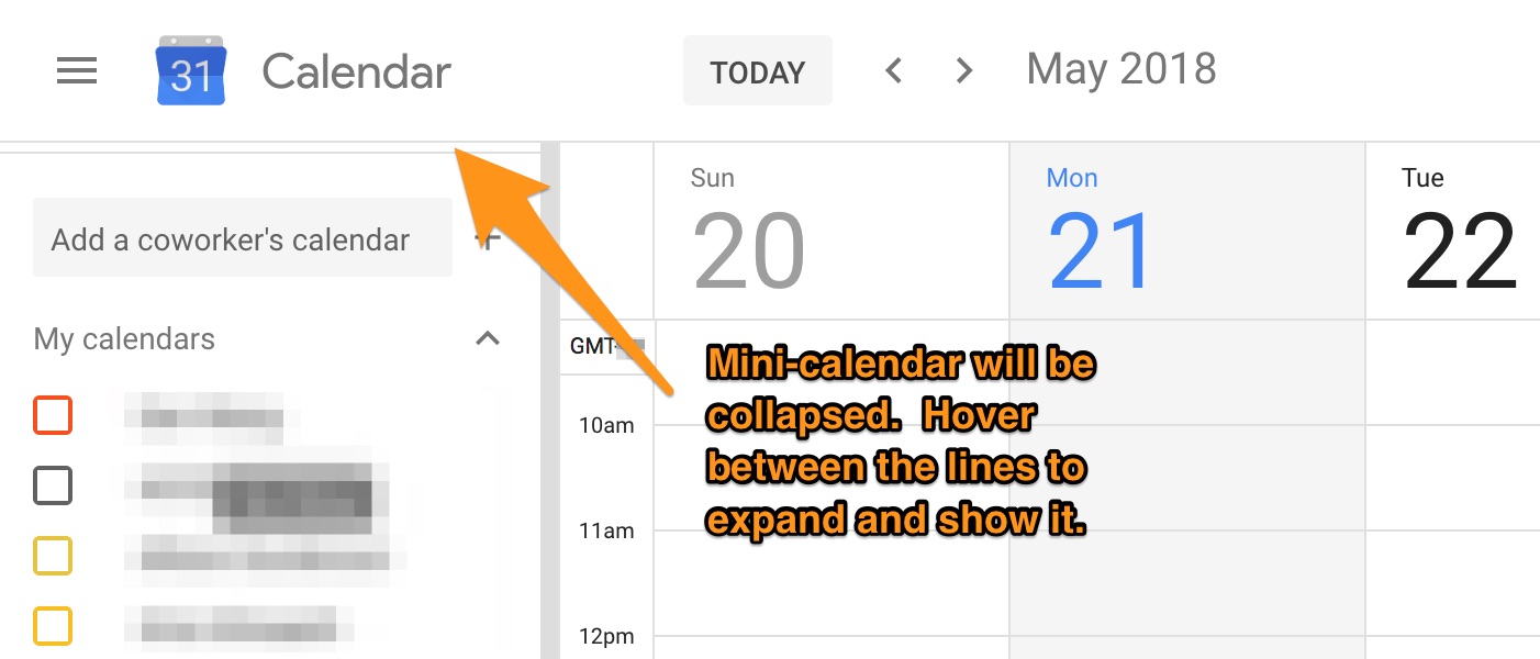 Google Calendar Mini Calendar collapsed