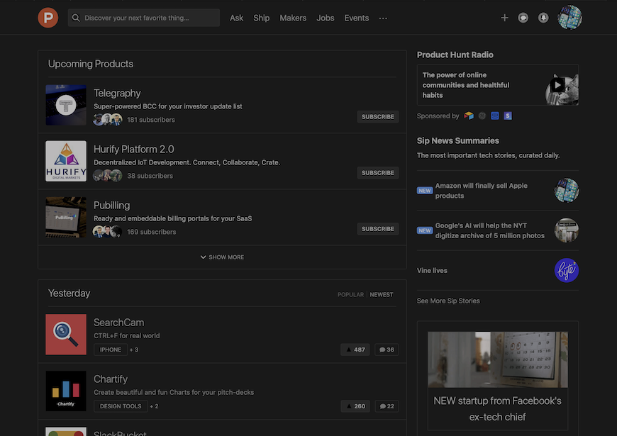 Product Hunt - Clean Dark (Updated for Nov 2018)