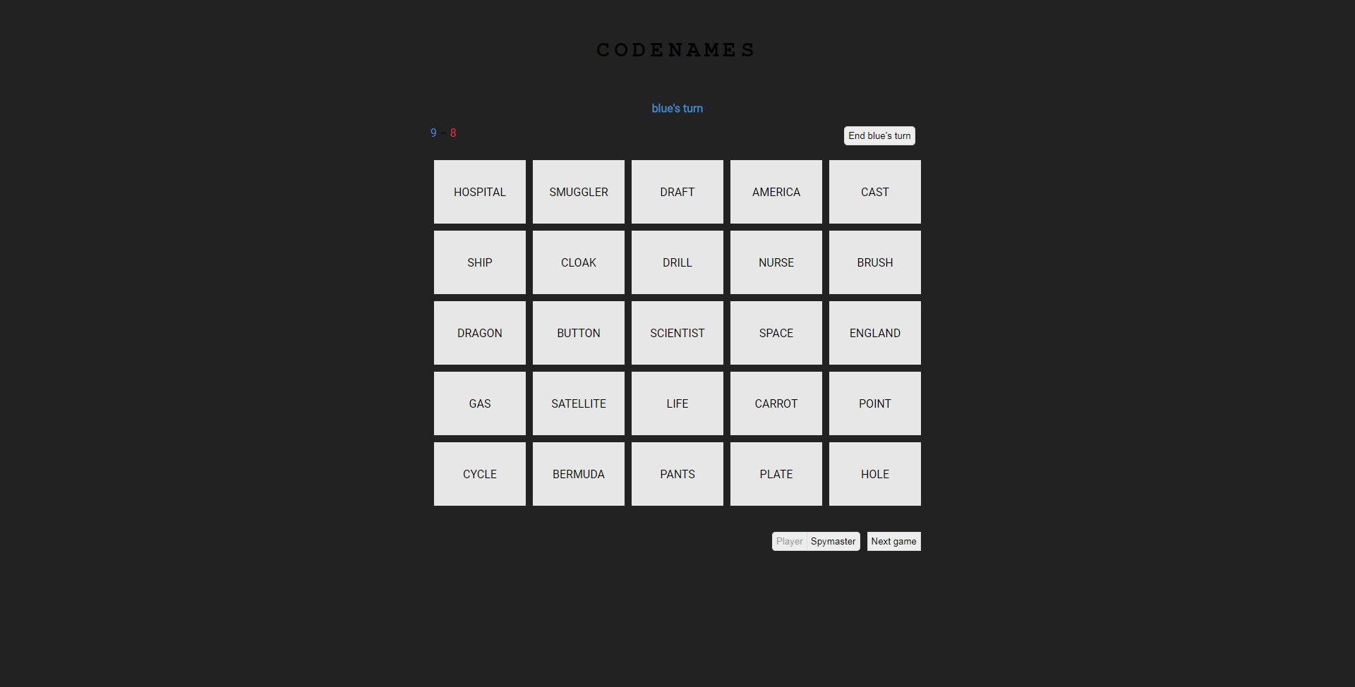 Codenames Dark and No Code on Screen