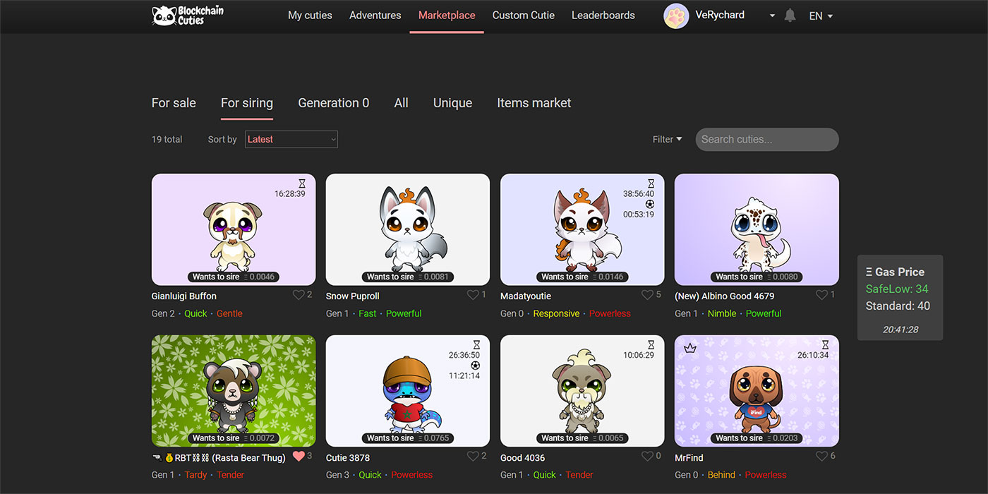 Blockchain Cuties Dark Theme with cooldown colors